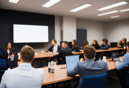 Executive woman talking about business to group of business people in board room