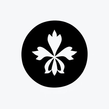 White petals fleur de lis in a black circle on white background. Generative AI
