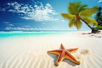 Plakat Closeup of a Starfish on a Tropical White Sandy Beach with a Palm Tree in the Background (Generated with AI)