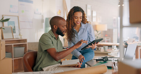 Startup black woman, tablet or teamwork for research, data analysis or planning creative marketing strategy for KPI growth. Tech, networking or website search for SEO analytics or web design review