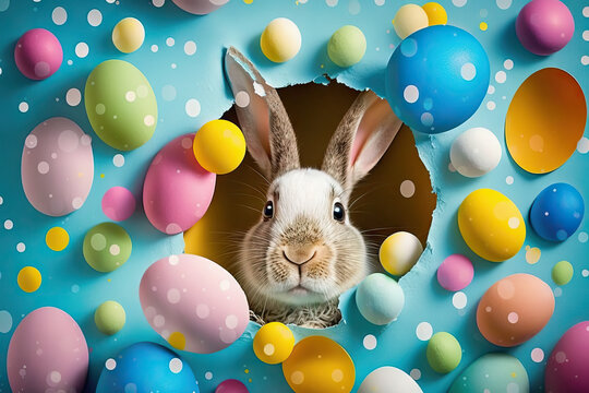 Funny Rabbit Broke A Hole In A Paper Background, Fluffy Eared Rabbit, Banner With An Easter Bunny And Falling Flying Colored Easter Eggs, A Rabbit Jumps Out Of A Torn Hole, Generative AI