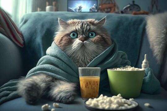 A cute cat, wrapped in a fluffy blanket, sits on the sofa and watches TV, popcorn and remote control with enthusiasm. Movie night, chilly winter evenings, Generative AI