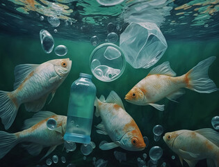 Fish swim between plastic debris in the ocean or sea, blue water full of debris, in. The problem of planetary pollution with plastic, microplastics, environmental ecological problems, Generative AI