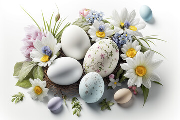 Happy easter. Congratulatory Easter background. Easter eggs and flowers. Ai generative
