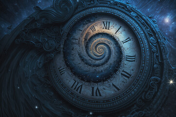 Swirled surrealism clock, giant clock with a fast running hour hand, dial, surreal clock digital art style. Time travel concept, time traveller, Generative AI