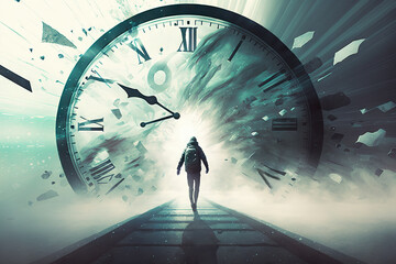 Modern man with backpack run to surrealistic clock, giant clock with a fast running hour hand, dial, digital art style. Time travel concept, time traveller, Generative AI - obrazy, fototapety, plakaty