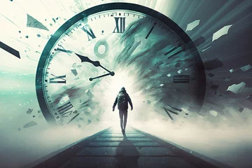 Foto op Canvas Modern man with backpack run to surrealistic clock, giant clock with a fast running hour hand, dial, digital art style. Time travel concept, time traveller, Generative AI © Jannissimo