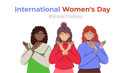 Fototapeta na wymiar International Women's Day. Break The Bias campaign. March 8. different but equal girl crossed arms.
