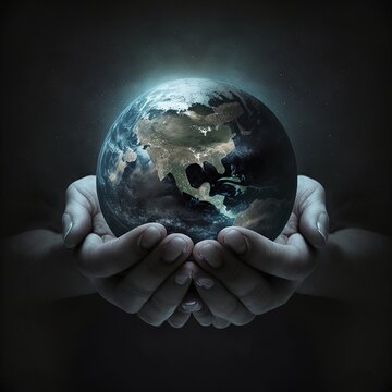 Earth at night was holding in human hands. Earth day. Energy saving concept, generative ai