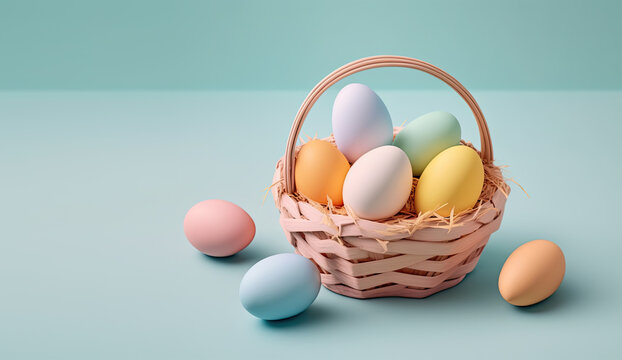 Horizontal banner Festive Easter, template header for website. Spring Festival. Easter eggs in a basket. Blue background. Ai generative - Powered by Adobe