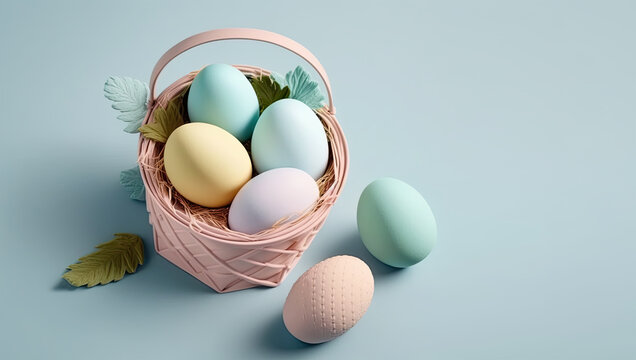 Horizontal banner Festive Easter, template header for website. Spring Festival. Easter eggs in a basket. Blue background. Ai generative