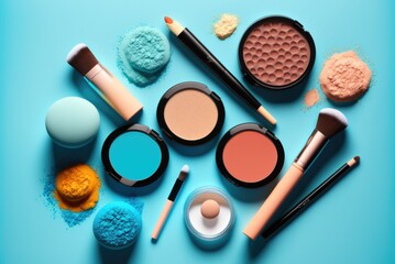 Make up professional cosmetics on blue background. Powder, lipstick, shadow, brushes. Ai generative.