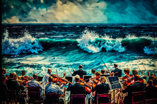 Symphony Orchestra Playing On The Ocean. Generative AI