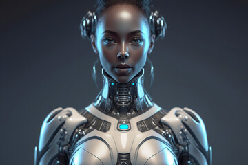 Generative AI illustration of female cyborg with glowing parts looking at camera against dark background. Generative AI