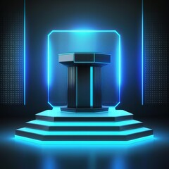 Cylinder podium with blue neon lights on ring background. Concept of design for product display, generative ai