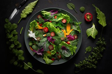 Vegetables, Leafy green salad, fresh and healthy, overhead shot (Ai generated)