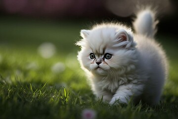 Naklejka na ściany i meble Persian white kitten cat playing at park, ant view (Ai generated)