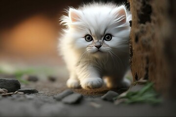 Fototapeta premium Persian white kitten cat playing at park, ant view (Ai generated)