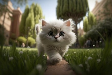 Persian white kitten cat playing at park, ant view (Ai generated)