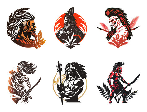 Native Indian apache logo design. Black and white style with red and orange accents. The strength of indigenous peoples. Ideal for postcard, book, poster, banner, event logo. Icon set. Vector