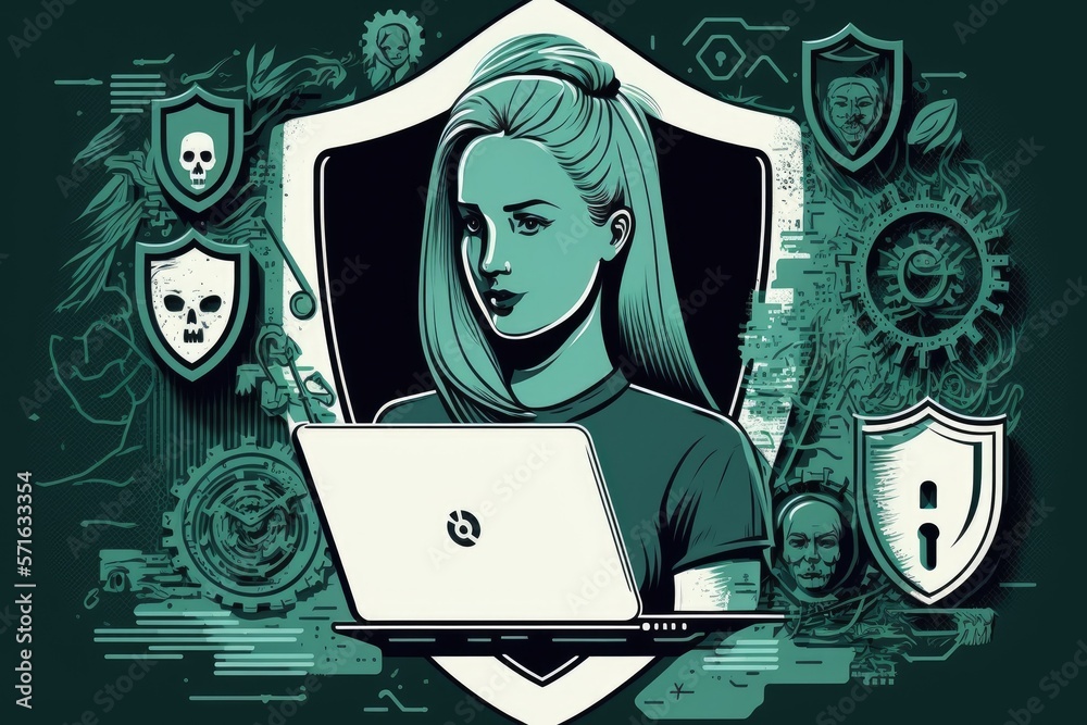 Poster a woman uses a laptop with security features. a network of objects idea of cybersecurity. shield ico