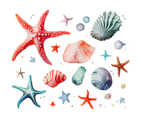 Colorful watercolor composition of the underwater world set isolated on white background. Sea stars, shells, corals. Ideal for postcard, advertisement, book, poster, banner. Life in the ocean. Vector - obrazy, fototapety, plakaty