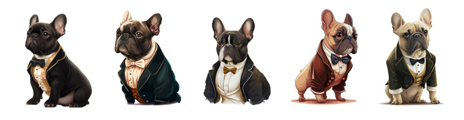 Colorful watercolor composition of french bulldog set isolated on white background. Handsome French Bulldog in a suit. Ideal for postcard, advertisement, book, poster, banner, merch. Vector - obrazy, fototapety, plakaty