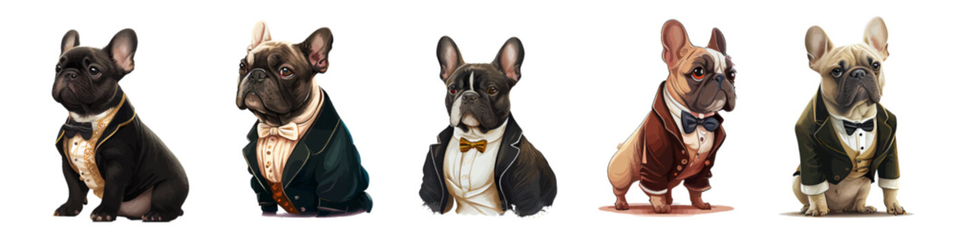 Colorful watercolor composition of french bulldog set isolated on white background. Handsome French Bulldog in a suit. Ideal for postcard, advertisement, book, poster, banner, merch. Vector