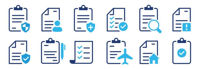 Insurance policy icon set. Certified document symbol. Approval process. Policies document. Company passed inspection. Vector illustration - obrazy, fototapety, plakaty