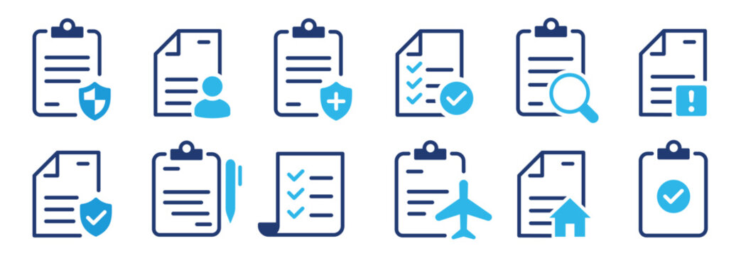 Insurance policy icon set. Certified document symbol. Approval process. Policies document. Company passed inspection. Vector illustration