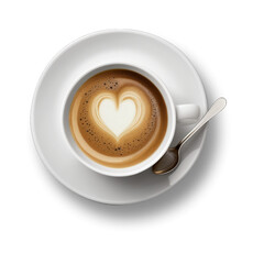 Café crème vue de dessus avec tasse et soucoupe, dessin en forme de cœur dans la crème