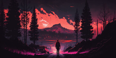 Person looking towards a mountain. Red and black background