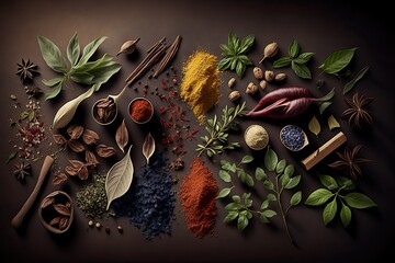 Obraz na płótnie Canvas Herbs and spices arranged, Healthy food (Ai generated)