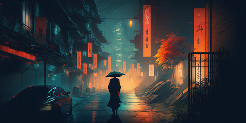 Futuristic City, person walking with umbrella, at night, neon lights
