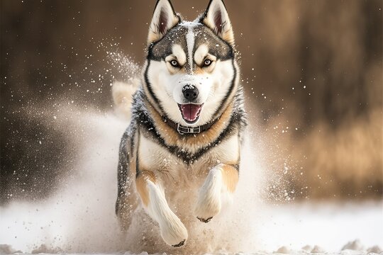Siberian Husky playing in the snow photography (Ai generated)