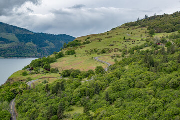 Winding Highway on Grassy Hillside at Coyote Wall Overlooking the Columbia River Gorge in Oregon & Washington