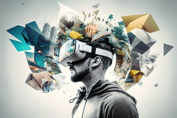 Metaverse concept. Man using VR goggles. Abstract banner design over white background. Generative AI Illustration