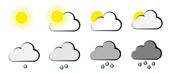 Weather and meteorology icon set. Sun, clouds, rain symbol Isolated
