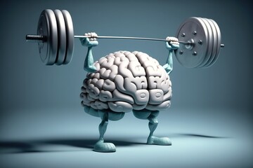 3D style human brain cartoon lifting weights. Mental, memory, brain training concept. Generative AI Illustration