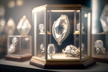 Luxury diamonds inside window display showcase of a boutique. Generative AI Illustration