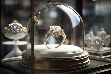 Window display showcase case with luxury gold diamond ring. Generative AI Illustration