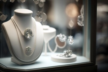 Luxury diamond necklace and diamond pieces in boutique window display showcase. Generative AI Illustration