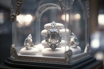 Valuable diamond golden rings inside window display showcase in luxury boutique. Generative AI Illustration