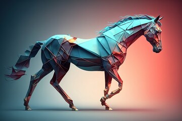 Origami 3D style horse. Blue and red colors. Generative AI Illustration