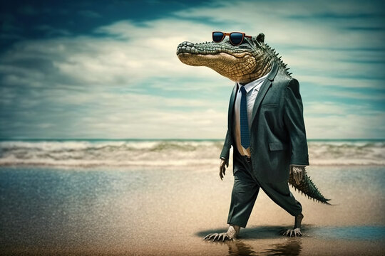 Krokodil im Anzug l&auml;uft am Meer entlang, Crocodile in suit runs along the sea