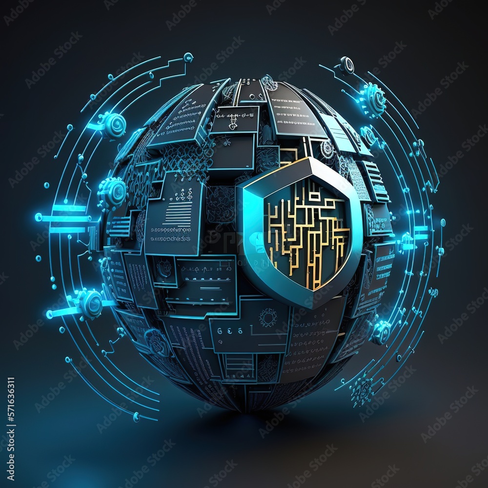 Poster cyber security and data protection. padlock protecting business and financial data with virtual netw