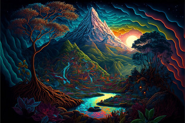 Fototapeta na wymiar Ayahuasca, a psychedelic landscape, art, illustration