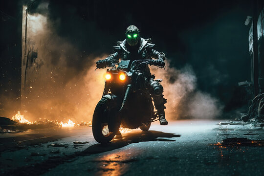 Zombie riding a motorcycle in a dark mist alley at night, FUndead horror concept. Generative AI