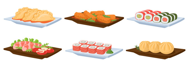 Cartoon asian food dish plates. Traditional asian cuisine, Japanese seafood, sushi rolls, dumplings and shrimps flat vector illustration set on white background