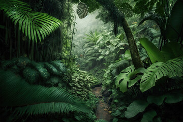 A dense rainforest with a canopy of green leaves and a variety of tropical plants, Rank 1 National Geographic, forest, nature, tree, tropical, jungle, palm, trees, rainforest, fern, landscape, foliage - obrazy, fototapety, plakaty